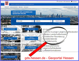 Das dekorative Foto zeigt einen Screenshot der Webseite gd.hessen.de. Auf den Screenshot wurde noch eine Lupe grafisch darübergelegt.